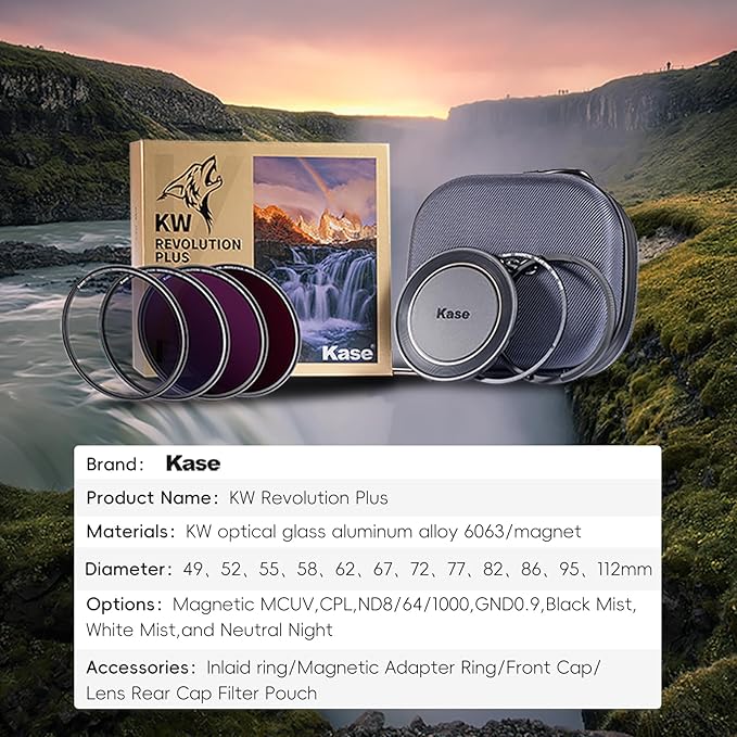 Kase 82mm KW Revolution Plus Master Kit, Includes CPL, ND8/64/1000, Inlaid Ring, Front Lens Cap, Filter Bag, 3D Tool, Suitable for Long-Exposure Landscape Video Shooting