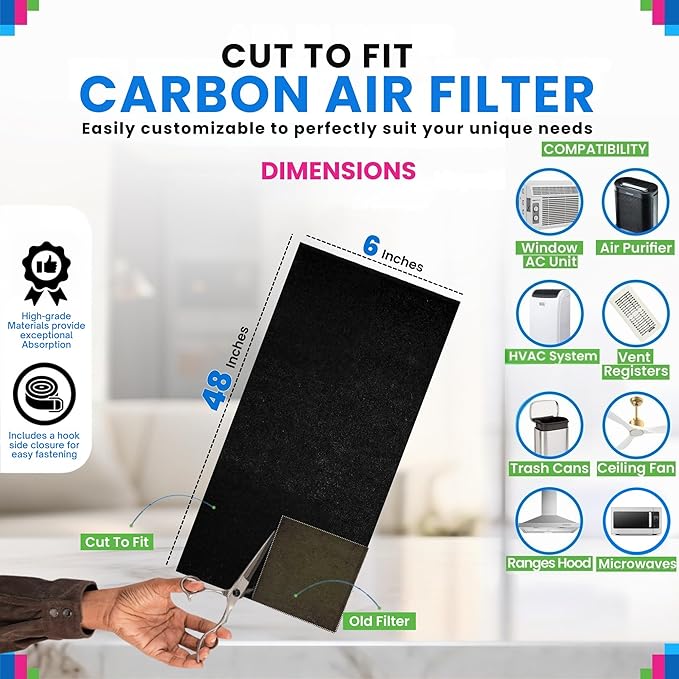 Cut to Fit Activated Carbon Filter Sheet 6” x 48” - Activated Carbon Air Filter for Air Purifiers Window AC Air Vent And More - Charcoal Filters Effectively Absorb Odors & Freshens the Air (1-Pack)