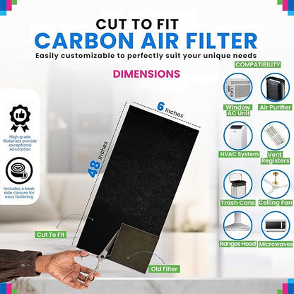 Cut to Fit Activated Carbon Filter Sheet 6” x 48” - Activated Carbon Air Filter for Air Purifiers Window AC Air Vent And More - Charcoal Filters Effectively Absorb Odors & Freshens the Air (1-Pack)