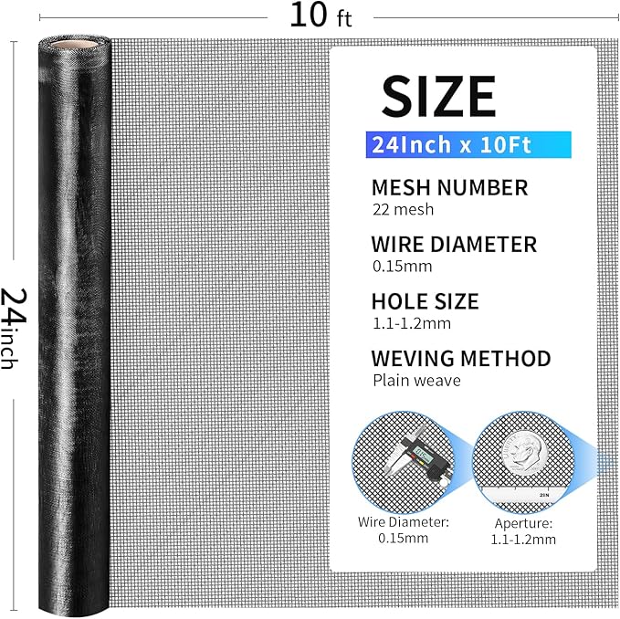 304 Stainless Steel Mesh, 24in x 10ft, 22 Mesh, Sturdy Metal Screen Roll for Window, Door, Air Vents, Filter, Cage, Garden, Patio, Pet (Black, 24inch x 10feet)