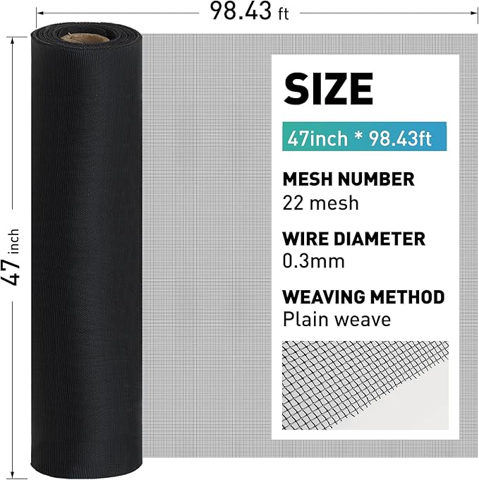 304 Stainless Steel Mesh Window Screen Roll,47IN x 98.43FT Black Metal Window Screen Replacement,Window Screen Mesh for Window,Door,Patio,Pet,Vent,Filter,Porch,Cage and DIY Project (22 Mesh)