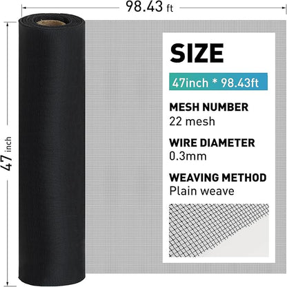 304 Stainless Steel Mesh Window Screen Roll,47IN x 98.43FT Black Metal Window Screen Replacement,Window Screen Mesh for Window,Door,Patio,Pet,Vent,Filter,Porch,Cage and DIY Project (22 Mesh)