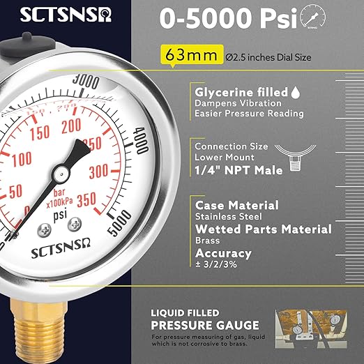 2-1/2" Dial Size, 0-5000 Psi Pressure Gauge, Glycerin Liquid Filled, 1/4" NPT Lower Mount, Stainless Steel Case, for Regulator, HVAC System, Beer Keg, Brew Setup, Hydraulic, High Pressure Test