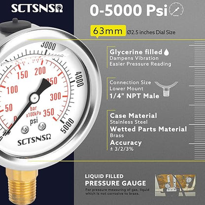 2-1/2" Dial Size, 0-5000 Psi Pressure Gauge, Glycerin Liquid Filled, 1/4" NPT Lower Mount, Stainless Steel Case, for Regulator, HVAC System, Beer Keg, Brew Setup, Hydraulic, High Pressure Test
