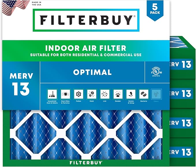 Filterbuy 13.25x13.25x4 Air Filter MERV 13 Optimal Smoke & Allergy Defense (5-Pack), Electrostatic Pleated HVAC AC Furnace Filters Replacement, Made in USA (Actual Size: 13.25 x 13.25 x 3.63)