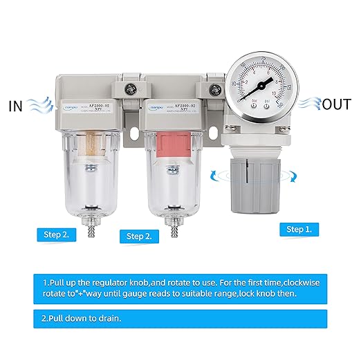 NANPU 1/4" NPT Air Drying System - 5 Micron Particulate Filter, 0.01 Micron Coalescing Filter, Air Pressure Regulator Combo - Semi-Auto Drain, Poly Bowl w/Metal Gauge