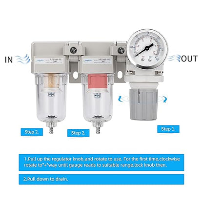NANPU 1/4" NPT Air Drying System - 5 Micron Particulate Filter, 0.01 Micron Coalescing Filter, Air Pressure Regulator Combo - Semi-Auto Drain, Poly Bowl w/Metal Gauge