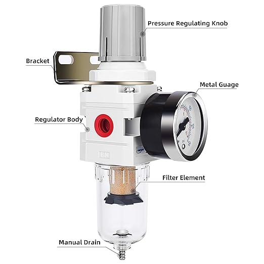 NANPU 1/4" NPT Compressed Air Filter Regulator Combo Piggyback, 5 Micron Brass Element, Poly Bowl, Semi-Auto Drain, Metal Bracket, 0-150 psi Gauge