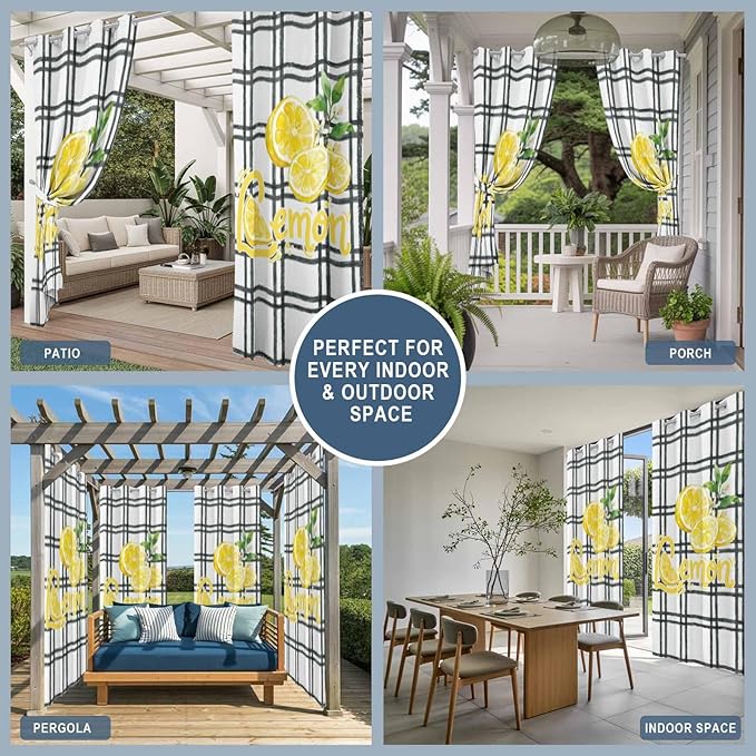 Lemon Outdoor Curtains for Patio Lemon Leaves Summer Plaid Buffalo Waterproof Outside Curtains with Grommet Top Weatherproof Curtain for Cabana Pergola Gazebo, 1 Panel, 54" W x 95" L