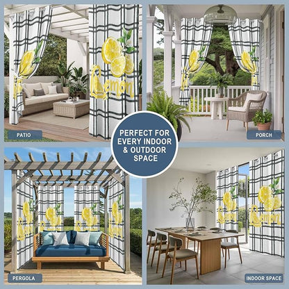 Lemon Outdoor Curtains for Patio Lemon Leaves Summer Plaid Buffalo Waterproof Outside Curtains with Grommet Top Weatherproof Curtain for Cabana Pergola Gazebo, 1 Panel, 54" W x 95" L