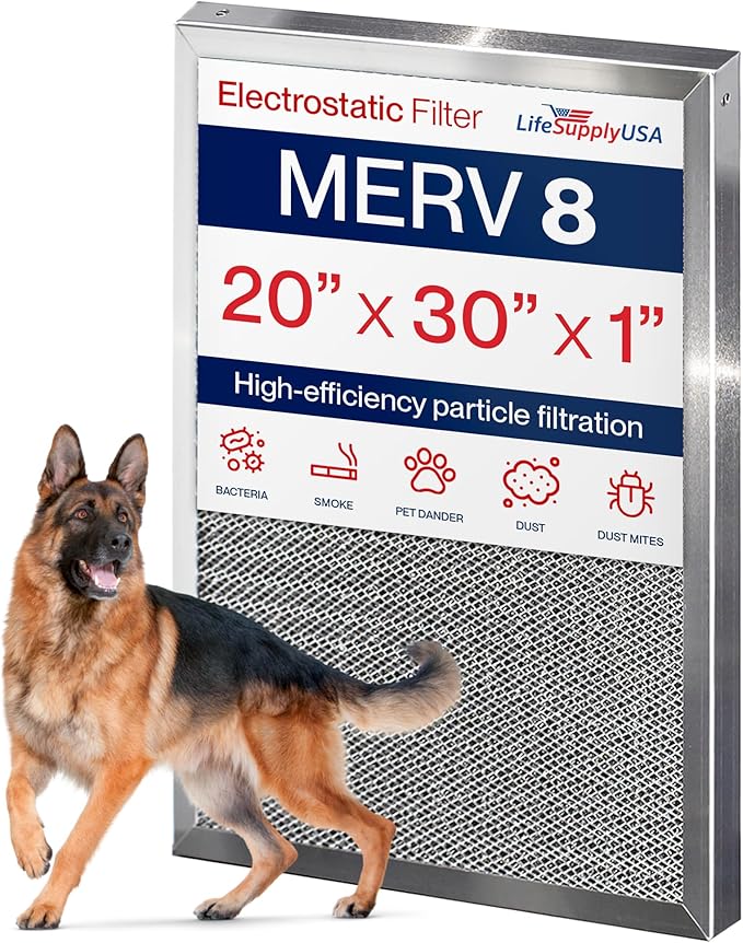 20x30x1 Electrostatic Air Filter, MERV 8, Washable, Reusable Furnace AC/HVAC Filter, Energy Saving, Easy to Clean, Long-Lasting by LifeSupplyUSA