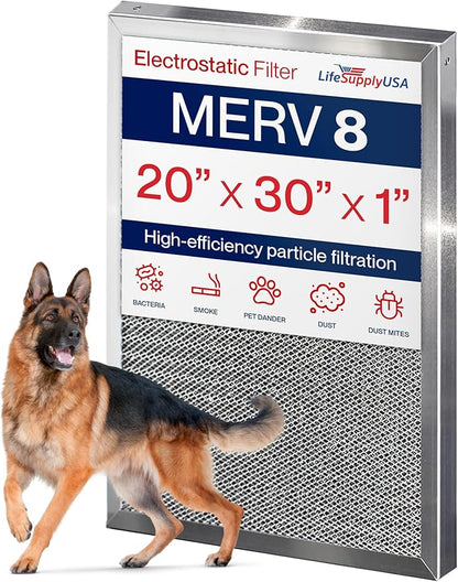 20x30x1 Electrostatic Air Filter, MERV 8, Washable, Reusable Furnace AC/HVAC Filter, Energy Saving, Easy to Clean, Long-Lasting by LifeSupplyUSA