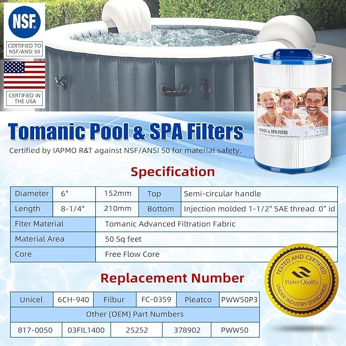 6CH-940 Spa Filter Replaces PWW50P3 Replacement Filter Filbur FC-0359, Aber Hot Tubs 03FIL1400, Waterway 817-0050 PWW50-Certified with NSF50 for Material Safety, 50 Sq.ft 2Pack