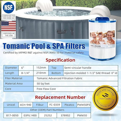 6CH-940 Spa Filter Replaces PWW50P3 Replacement Filter Filbur FC-0359, Aber Hot Tubs 03FIL1400, Waterway 817-0050 PWW50-Certified with NSF50 for Material Safety, 50 Sq.ft 2Pack