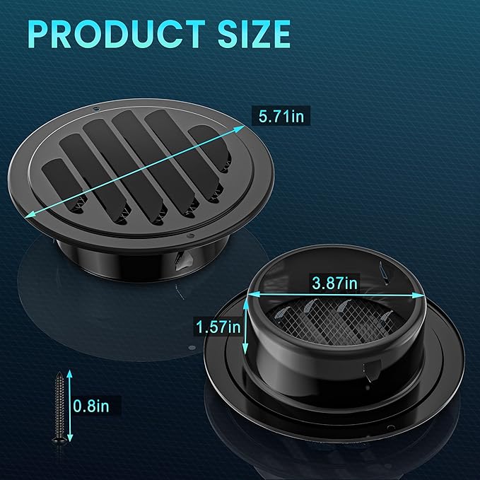HG Power 4 Inch Black Stainless Steel Soffit Vent Cover - Round Exhaust Vent with Mesh Screen for Indoor/Outdoor Use in Homes, Offices, Factories (2-Pack, Hardware Not Included)
