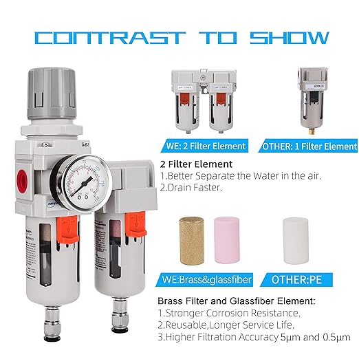 NANPU 3/8" NPT Air Dryer System - 5 Micron Particulate Filter, 0.5 Micron Coalescing Filter & Air Pressure Regulator, Water Trap Separator - Semi-Auto Drain,0-150 psi Gauge, Poly Bowl, Metal Bracket