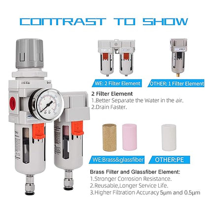NANPU 3/8" NPT Air Dryer System - 5 Micron Particulate Filter, 0.5 Micron Coalescing Filter & Air Pressure Regulator, Water Trap Separator - Semi-Auto Drain,0-150 psi Gauge, Poly Bowl, Metal Bracket