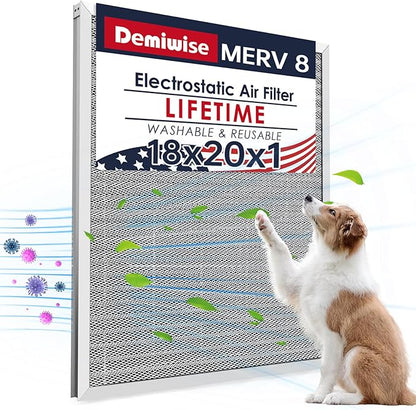 18x20x1 Electrostatic Air Filter, MERV 8 Reusable Aluminum AC/HVAC Furnace Filter Replacement,Washable Permanent Air Filter, Easy to Clean, Increases Airflow (Actual Size:17.52x19.61x0.82)