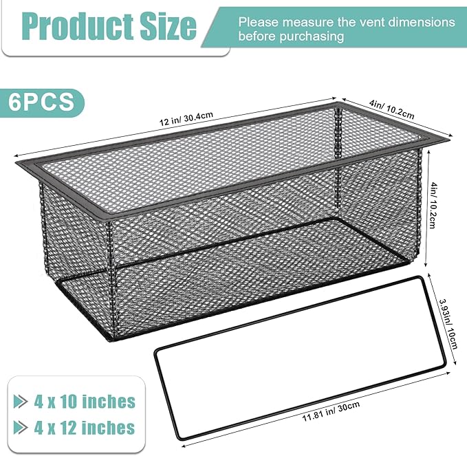 6PCS Floor Register Cover Trap 4"x12", Mesh Floor Vent Screen Net with Frame, Air Vent Filter Mesh Catcher for Hair Debris (4 x 12 Inch)