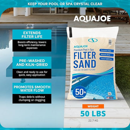 Aqua Joe Premium Pool and Spa Filter Sand, Natural Silica, 50 Lb Bag - Above Ground and Inground Swimming Pool System Accessory for Care, Cleaning, and Maintenance, FLTSAND50
