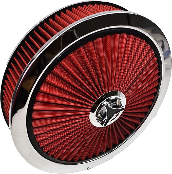 A-Team Performance High-Flow Air Cleaner Assembly - 14x3in, Red Chrome Top & Base Red Air Cleaner Element - Performance Auto Parts & Replacement Filter - Compatible with Chevrolet, GMC & Ford