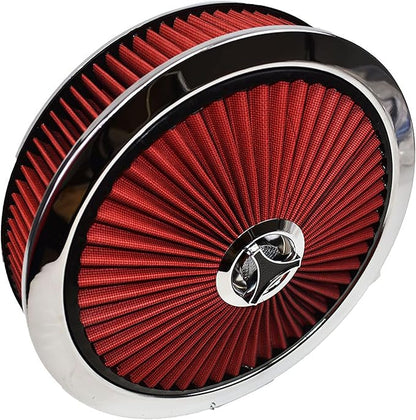 A-Team Performance High-Flow Air Cleaner Assembly - 14x3in, Red Chrome Top & Base Red Air Cleaner Element - Performance Auto Parts & Replacement Filter - Compatible with Chevrolet, GMC & Ford