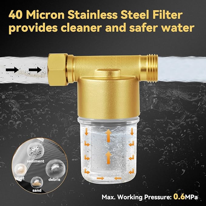 40 Micron Reusable Sediment Filter, Brass Inline Water Filter, Compatible with 1/2" NPT & 3/4" GHT, Sediment Filter for Washer, Washing Machine, Garden Hoses, High Pressure Washer, Well Water, RV