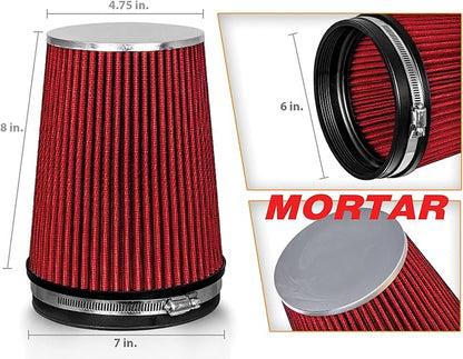 Mortar Aftermarket Auto Air Filter – 6 In Flange ID Car Enthusiast Class Universal Cold Air Intake Gulps in More Air for More Engine Power & Passionate Induction Sound, Length 8 In, Red