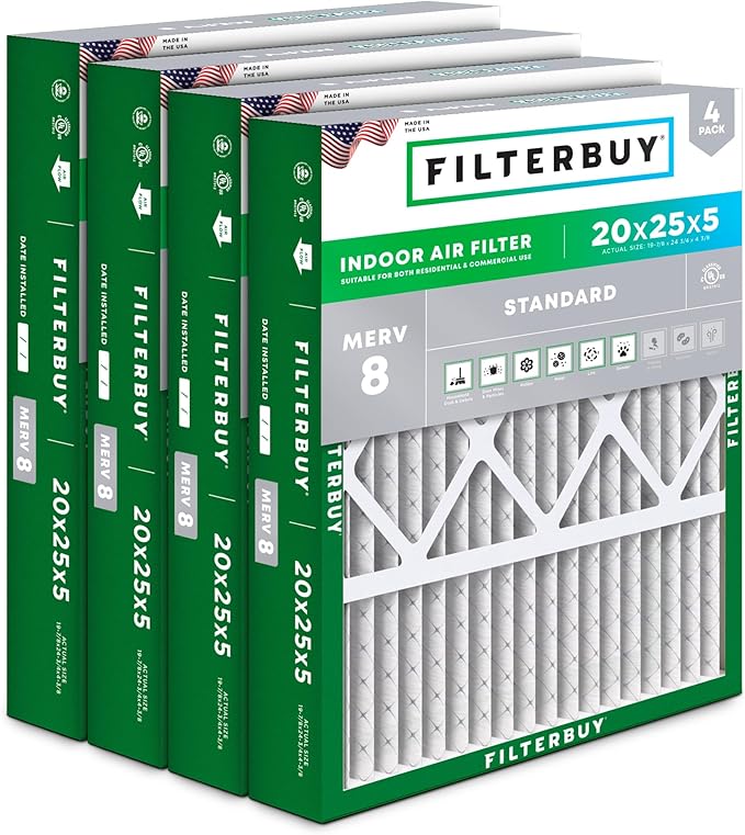Filterbuy 20x25x5 Air Filter MERV 8 Essential Dust & Allergy Defense (4-Pack), Pleated HVAC AC Furnace Filters for Honeywell FC100A1037, Lennox X6673, and More (Actual Size: 19.88 x 24.75 x 4.38)
