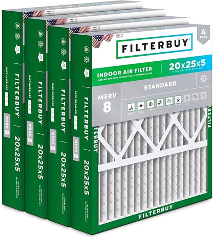 Filterbuy 20x25x5 Air Filter MERV 8 Essential Dust & Allergy Defense (4-Pack), Pleated HVAC AC Furnace Filters for Honeywell FC100A1037, Lennox X6673, and More (Actual Size: 19.88 x 24.75 x 4.38)