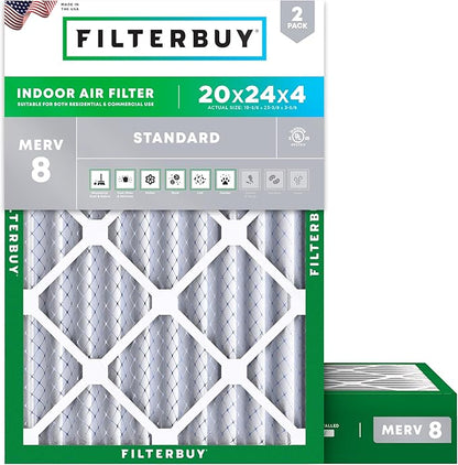 Filterbuy 20x24x4 Air Filter MERV 8 Essential Dust & Allergy Defense (2-Pack), Electrostatic Pleated HVAC AC Furnace Filters Replacement, Made in USA (Actual Size: 19.38 x 23.38 x 3.63)