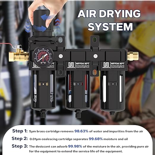 NEWPO 1/2" NPT 3 Stage Air Drying System,Air Dryer for Compressor with 5＆0.01 Micron Filter Cartridge，Desiccant Dryer & Air Regulator, Metal Bowl Semi-Auto Drain