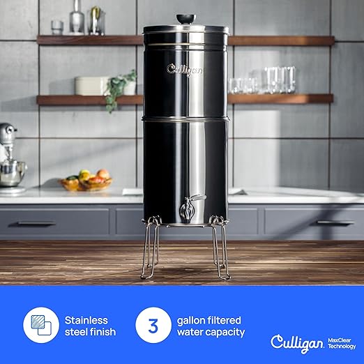Culligan MaxClear 3 Gallon Gravity Water Filter System, Brushed Stainless-Steel Countertop Water Filter NSF/ANSI Certified to Reduce Microplastics, Lead & Total PFAS, with 1 Ceramic Filter