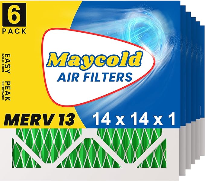 Maycold MERV 13 14x14x1 Air Filter (6-Pack), High-Efficiency Pleated AC & Furnace Filters, Actual Size:13.70" x 13.70" x 0.75", Individually Wrapped in Plastic