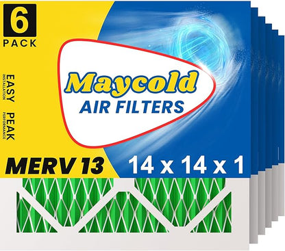 Maycold MERV 13 14x14x1 Air Filter (6-Pack), High-Efficiency Pleated AC & Furnace Filters, Actual Size:13.70" x 13.70" x 0.75", Individually Wrapped in Plastic