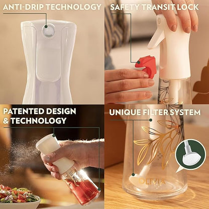 FLAIROSOL OLIVIA Oil Sprayer for Cooking, 200ml Glass Olive Oil Sprayer, Continuous Cooking Spray Bottle with Portion Control, Olive Oil Dispenser for Kitchen, Air Fryer, Salad, BBQ (Golden Leaves)