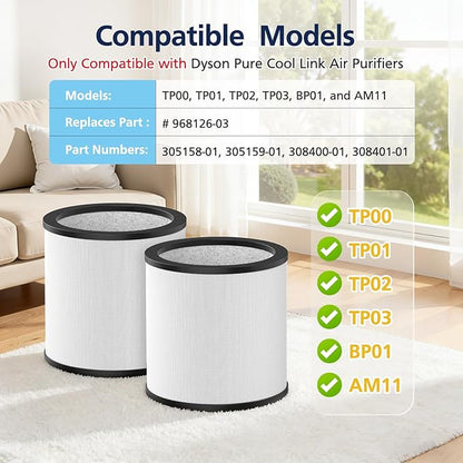 Upgraded TP01 Filter HEPA Replacement Filter Compatible with Dyson Tower Purifier Pure Cool Link TP01, TP02, TP03, AM11, BP01 Models, Compare to Part # 968126-03, 2 Pack