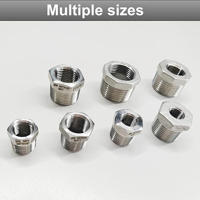 2 Pcs 304 Stainless Steel Reducer Hex Bushing, 1/2" Male NPT to 3/8" Female NPT Pipe Fitting Hex Bushing, Heavy Duty Pipe Fitting Reducer Adapter (1/2"MNPT - 3/8"FNPT)