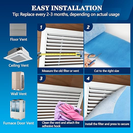 MERV 8 Air Vent Filters, 12" x 90"Cut to Fit Air Filter Material (50+ Filters),Electrostatic Triple Vent Filter for Floor, Ceiling, HVAC & RV Vents, Includes 48 Adhesive Hook Tape