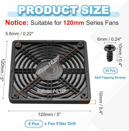 PATIKIL 120mm Fan Filter Grill, 6 Pcs Plastic Ventilation Dustproof Grill Cover Cooling Ventilator with Screws for Industry Workshop Computer Case Refrigerators Air Conditioning, Black