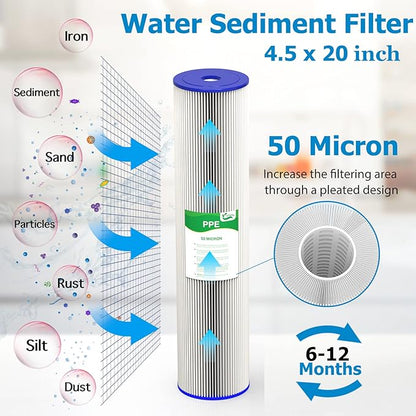 50 Micron 20-Inch Heavy Duty Whole House Water Filter Replacement Cartridge, Pleated Sediment Water Filters 4.5" x 20" for Well Water, Compatible with ECP5-20BB, R30-20BB, SPC-45-2050, 6 Pack