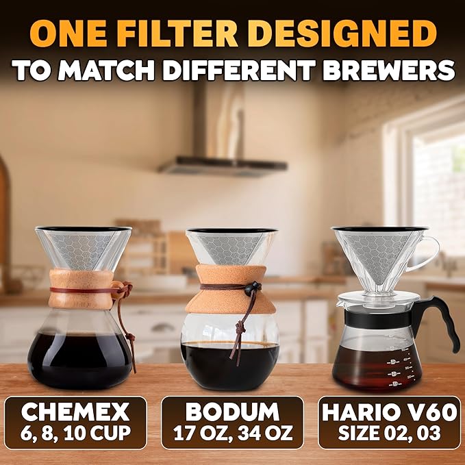 Stainless Steel Pour Over Coffee Filter Compatible with Hario V60 and Chemex Coffee Filter - Reusable 1-2 Cup Paperless Coffee Maker - Easy to Clean Fine Mesh for Smooth Extraction and Rich Flavor