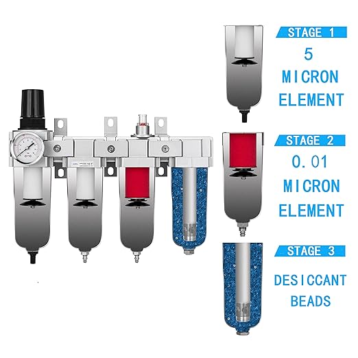 NANPU 3/4" NPT Industrial Grade 4 Stage Air Drying System - Double Particulate Filters, Coalescing Filter, Desiccant Dryer & Air Regulator, Metal Bowl, Auto Drain, for Paint Spray＆ Plasma Cutter