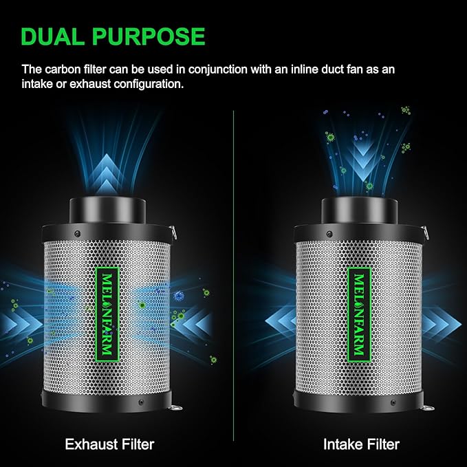 MELONFARM 4 Inch Air Carbon Filter Smelliness Control with Australia Virgin Charcoal, Odor Removal Carbon Filter for Grow Tent, Inline Fan, Hydroponics, Pre-Filter Included, Insulated Flange 4" x 11"