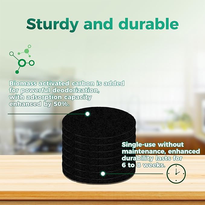7 Pack 6.7 Inch Round Fiber Cotton Activated Charcoal Compost Filters - Odor Control Replacement for Kitchen Compost Bins, Countertop Compost Bin & Compost Bucket