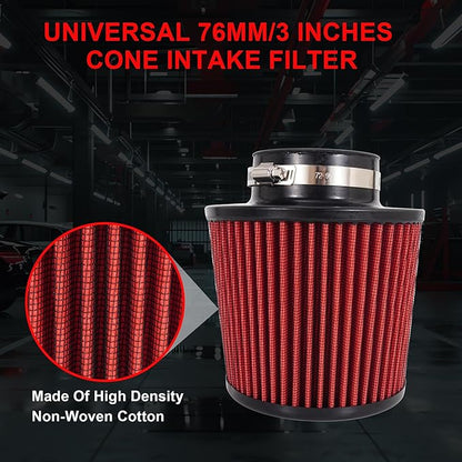 Cold Air Intake Filter High Performance Washable Filter Clamp-On Replacement Air Filter Flange Diameter 3inch/76mm Red