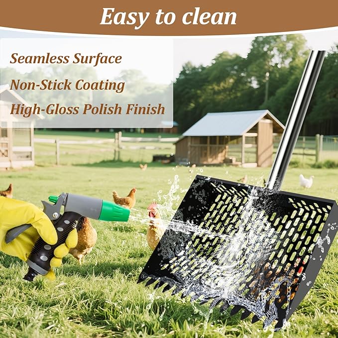 12-Inch Heavy Duty Chicken Poop Scooper & Rake 2-in-1 with 36-77" Adjustable Stainless Steel Handle Ergonomic Metal Sifting Shovel for Chicken Coop, Goat Stall,Animals House Cleaning