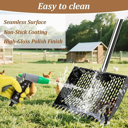 12-Inch Heavy Duty Chicken Poop Scooper & Rake 2-in-1 with 36-77" Adjustable Stainless Steel Handle Ergonomic Metal Sifting Shovel for Chicken Coop, Goat Stall,Animals House Cleaning
