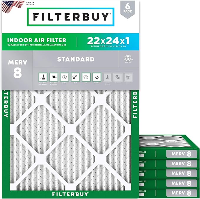 Filterbuy 22x24x1 Air Filter MERV 8 Essential Dust & Allergy Defense (6-Pack), Electrostatic Pleated HVAC AC Furnace Filters Replacement, Made in USA (Actual Size: 21.50 x 23.50 x 0.75)