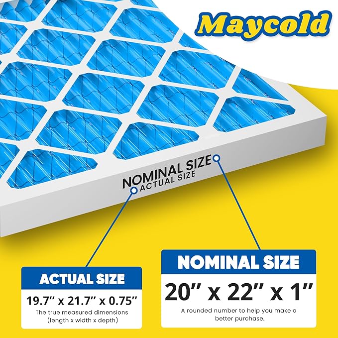 Maycold 20x22x1 MERV 11 Furnace Air Filter (6-Pack), High-Performance HVAC AC Filters for Home Use, Actual Size: 19.70” x 21.70” x 0.75”, Individually Wrapped in Plastic